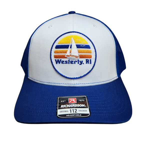70s Sailboat White and Royal Adjustable Snapback Patch Trucker Cap