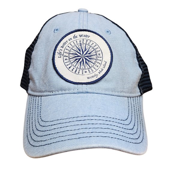 Life’s Better on the Water Light Blue and Navy Old Time Favorite Patch Trucker Cap