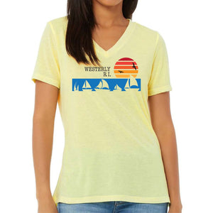 Sailboat Line Pale Yellow Tri-blend Women's V-Neck Tee