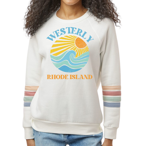 Vintage Sun and Waves Ivory Women’s Striped Sleeve Crewneck Sweatshirt