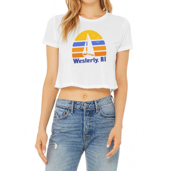 70s Sailboat White Women's Flowy Cropped Tee