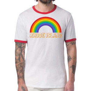 Large Rainbow Rhode Island White and Red Vintage Unisex Ringer Tee