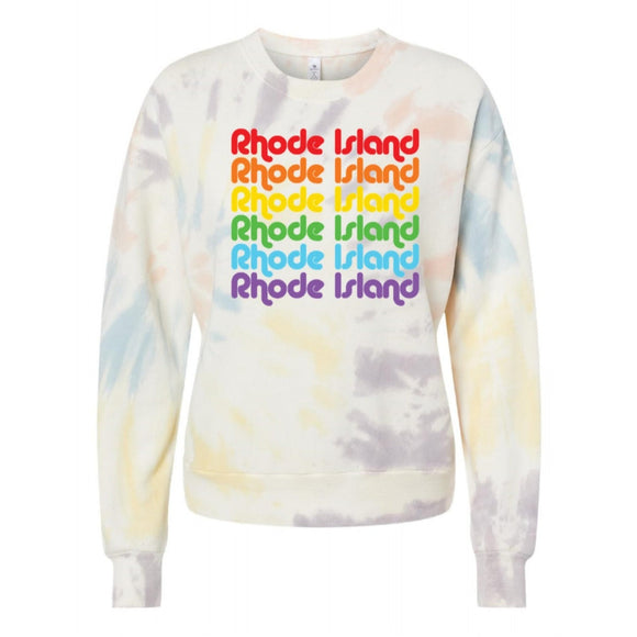 Rhode Island Repeat Rainbow Spectrum Spiral Tie Dye Women's Eco-Washed Terry Throwback Sweatshirt